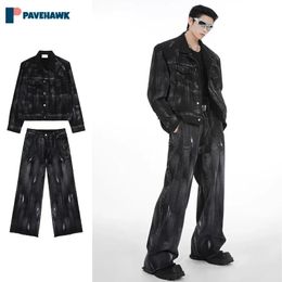 Hip Hop Wash Denim Set Man Korea Loose Autumn Graffiti Cowboy JacketsCasual Wide Leg Jeans Two Piece Sets Male Harajuku Suit 240412