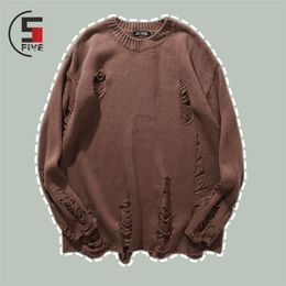 Hip Hop Wash Hole Ripped Knit Sweaters Hombres Harajuku Streetwear Casual Pullovers Winter Fashion Oversized Unisex Sweater 220817