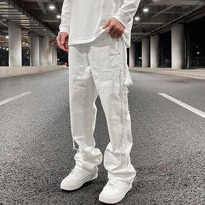 Hip Hop Witte Rechte Gescheurde Casual Heren Jeans Broek Beide Zijkant Kwastje Wijde Pijpen Streetwear Denim Broek Oversized 240311