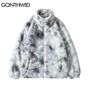 Hip Hop Winter Faux Fur Fleece Jacket Streetwear Hombres Harajuku Tie Dye Heart Fuzzy Jackets Abrigos cálidos Casual Zipper Coats 211204