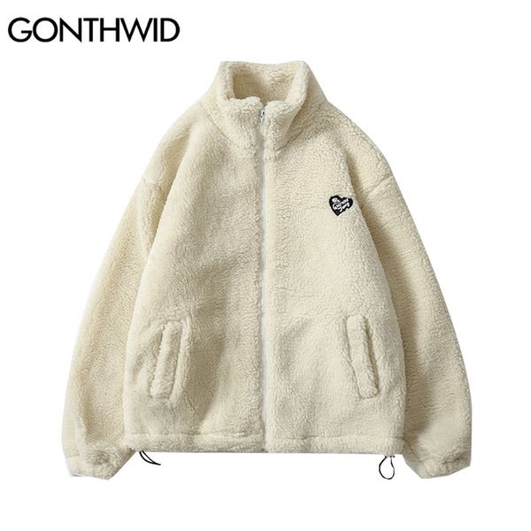 Hip hop hiver molleton veste moelleux streetwear harajuku flouage flûte fermeture à glissière hommes automne couleur solide couleur vestes noires beige 211214