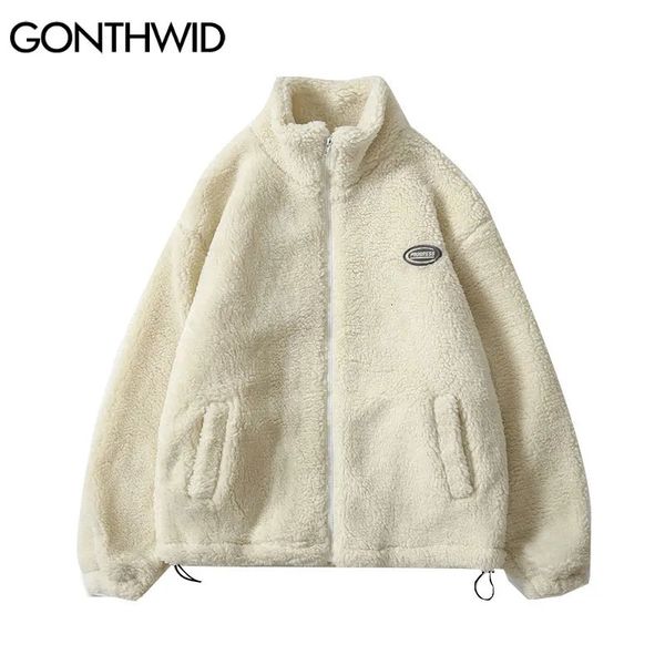 Hip Hop Hiver Polaire Fluffy Veste Streetwear Harajuku Fuzzy Zipper Manteau Hommes Automne Couleur Unie Vestes Légères Noir Beige 240229