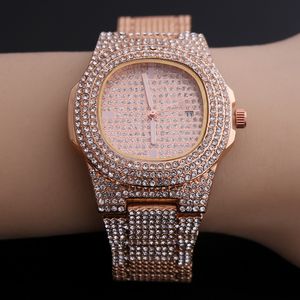 Hip Hop femmes hommes glacé luxe Date montres à Quartz avec Micropave CZ montre en acier inoxydable bijoux
