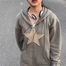 Hip Hop Zip Up Hoodie Vintage Star Patch Cotton Loose Sweatshirt Jacket Harajuku Gothic Long Sleeve Women Y2K Deskleding 220805