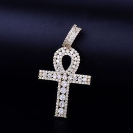 Hip Hop Zircon Egipcio Ankh Clave de la vida Collar con cadena de cuerda de 24 pulgadas Colgante de cruz de cobre Cubic Zirconia