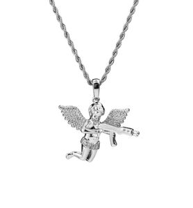 Hiphop zirkon goud zilver schattig engel baby draag pistool hanger ketting roestvrij touwketen voor mannen vrouwen4205284