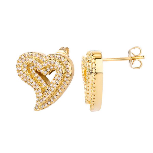 Hip-hop Zircon Hollow Love Heart Moucles d'oreilles Stud Oreilleur haut de gamme Mode d'oreille Dyuds Exagéré INS 4K Gold plaqué glacé hors de la zircone en zircone bijoux pour les hommes Gift Femmes