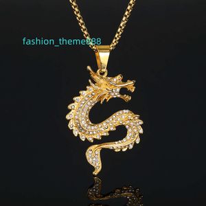 Hip hop zodiaque Dragon pendentif style chinois plaqué or diamant collier pour hommes