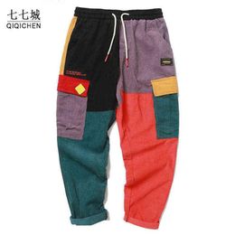 Hippe Broek Mannen Corduroy Kleurblok Patchwork Cargo Harembroek Vintage Streetwear Harajuku Jogger Joggingbroek Broek 2021 G1208177v