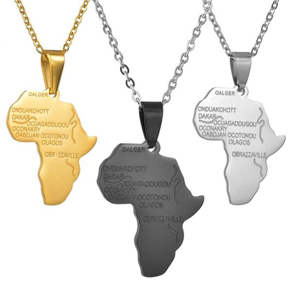 Collar con colgante de mapa de África de acero inoxidable 316L de Hiphop, collares de mapa africano de Alphbat para hombres y mujeres, alta calidad, sin decoloración, precio al por mayor