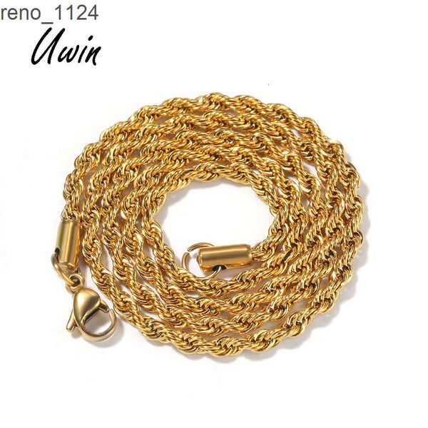 Collar de cadena de cuerda de acero inoxidable 316L de 3mm de Hiphop, cadena giratoria llena de oro amarillo de 20 quilates para hombres, precio al por mayor