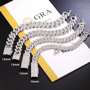 Hiphop 8mm-15 mm brede 2Rows VVS Moissanite Diamond Chain S925 Sterling Silver Cuban Link armband