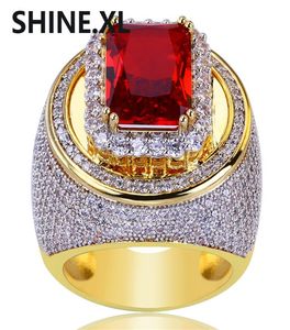 Hiphop Classic Gold couleur plaquée Cubic Zircon Big Rouge Stone Ring Personnalité Fashion Glamour Bijoux Lover Gift5855811