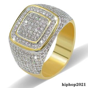 Anillos de diamantes Hiphop CZ para hombre, joyería chapada en oro cuadrada con diamantes completos237W