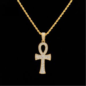 Hiphop Égyptien Ankh Clé colliers GoldSilver Bling Strass Cristal Crucifix Croix Pendentif Collier Pour hommes Hip Hop Bijoux De Fête