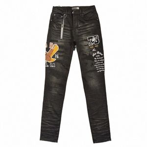 Hiphop Fi Jeans pour hommes Pantalon en denim avec broderie numérique animale pour homme Gris fumé Slim Stretch Pantalon crayon déchiré pour hommes C55L #