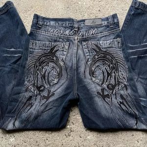 Hiphop Geometric Pattern Design Trendy HighwaistEd Jeans Men 2000S Vintage Fashion Hiphop Punk Rock Baggy Wideleleg Y2K Pantalon 240415