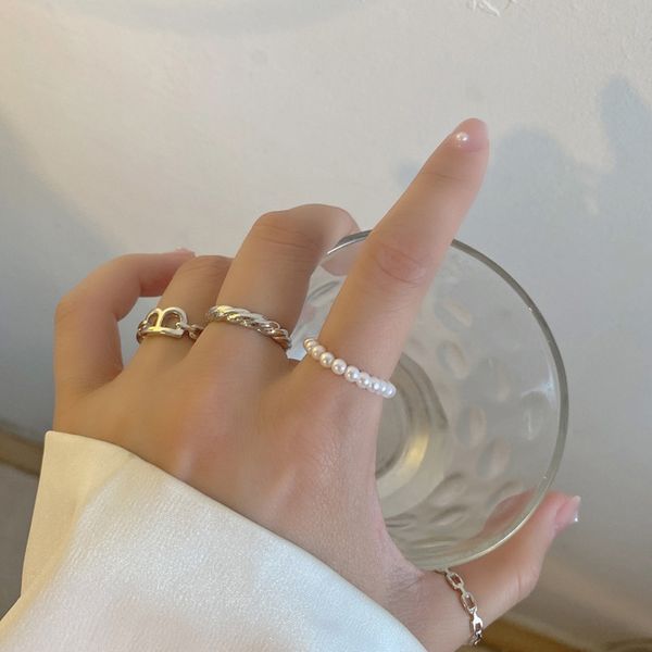 Conjunto de anillos de cadena de oro de hip hop para mujeres y niñas, anillos de dedo simples geométricos Punk 2021, joyería de tendencia, regalos de anillos Vintage de perlas para fiestas