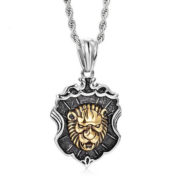 Hiphop Or Couleur Lion Tête Pendentif Colliers Hommes En Acier Inoxydable Animal Lion Avec Bouclier Pendentif Collier Homme Rock Bijoux