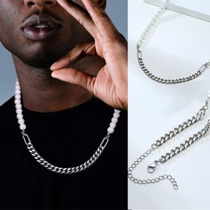 Hiphop Half 7mm Miami Cuban Link -keten en halve 8 mm Pearls Choker ketting voor mannen en vrouwen in roestvrijstalen sieradenq0115 189T