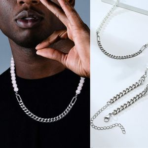 Hiphop Half 7mm Miami Cuban Link -keten en halve 8 mm Pearls Choker ketting voor mannen en vrouwen in roestvrijstalen sieradenq0115 2126