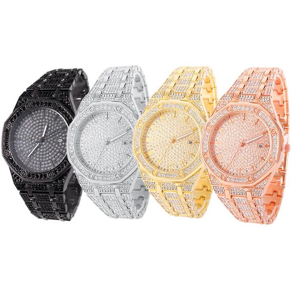 HipHop glacé hommes femmes montre de luxe Date Quartz Bling plein strass montres cubain main chaîne bijoux de mode 240306