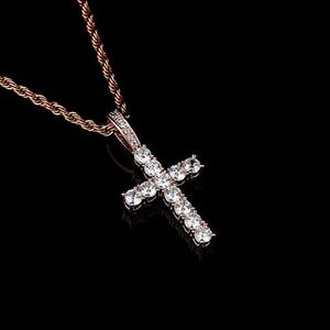 Hiphop Iced Rose Gold Ankh Collier de croix diamant pendentif égyptien pour hommes bijoux avec une chaîne de corde de 24 pouces 261y