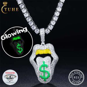 Bijoux hip hop qui brillent dans le noir, en argent Sterling 925, Vvs Moissanite, diamant glacé, bouche à lèvres, collier avec pendentif en Dollar