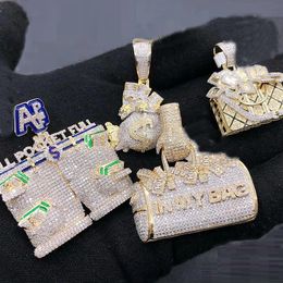 HipHop hommes bijoux complet Micro pavé 5A zircon cubique émail Dollar argent toutes les poches pendentif collier 240311