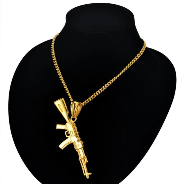 Hiphop Punk Gun 14 collier en or pendentif homme 4 taille chaîne Hip Hop bijoux hommes couleur dorée bijoux AK47 colliers