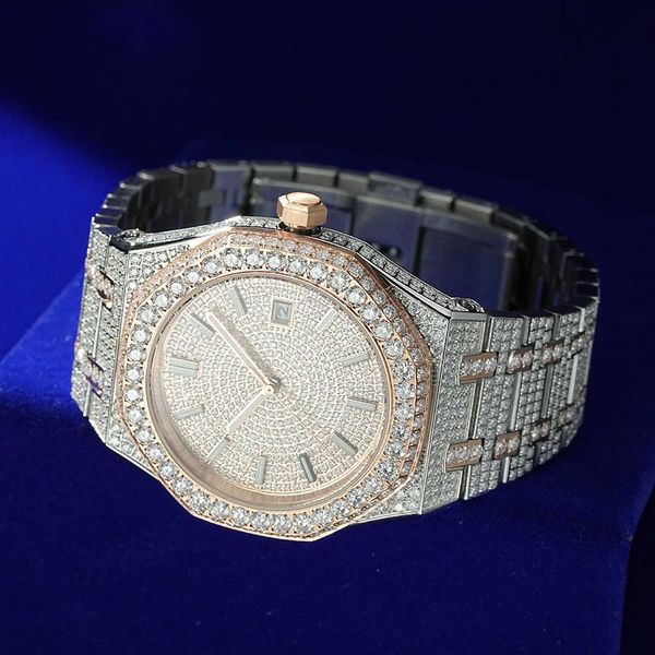 Hiphop Rapper Fabrication à la main Rhodium 10k 14K Rose Gold plaqué Les montres en acier inoxydable éclatent la montre Moissanite pour les hommes