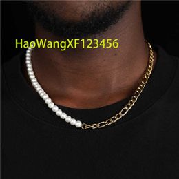 Hiphop Rock 18K or acier inoxydable demi cubain Figaro chaîne lien demi coquille blanche perle perle hommes collier de perles bracelet