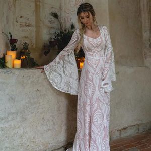 Hippe – Robe De mariée en dentelle, manches longues évasées, style bohème, boutons au dos, 2024