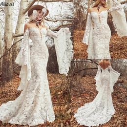 Hippie Country Cowgirl Style Robes De Mariée Sirène Avec Manches Longues Flare Bohème Dentelle Trompette Robes De Mariée Sexy Dos Nu Court Train Robes de Mariee CL2868