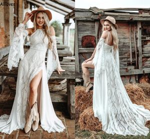 Hippie Cowgirl Coutry Style Robes De Mariée Bohème Dentelle Flare Manches Longues Sexy Fente Latérale Vestidos De Novia Balayage Train Halter Plus La Taille Rétro Robes De Mariée CL2623