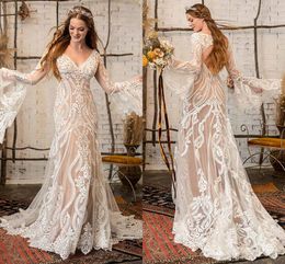 Robe boho en dentelle hippie en dentelle Boho manches longues robes de mariée country bohemian ouverte de plage civile Bride de mariée