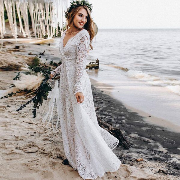 Hippie Dentelle Boho Robe de mariée V cou à manches longues Bohemian Beach Robes de mariée 2020 robes de roman de mariée de campagne bon marché