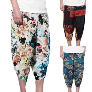 Hippie broek losse afdrukken katoen linnen voor mannen streetwear zwarte mannen joggers 2021straight harembroek mannen Koreaanse broek x0723