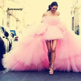 Hippie stijl chic roze prom jurk tule hoge lage tiered trein Arabische formele plus size zeemeermin avondjurken Sweet 16 jurken
