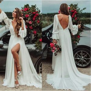 Hippie trouwjurk hoge split diep v nek backless long puff mouwen strand bruiloft boho bruidsjurken vestido de noiva