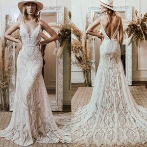 Hippies Fullace Boho Trouwjurken 2024 Sexy Spaghettibandjes Zeemeermin Strand Bruidsjurk Sexy Ruglooze Keltische Gatsby Griekse Burgerlijke Bruids Mariage Vestios De Novias