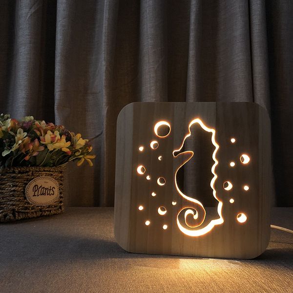 Lampe hippocampe en bois évidée 3D veilleuses en bois blanc chaud LED lampe de bureau alimentation USB comme cadeau d'un ami