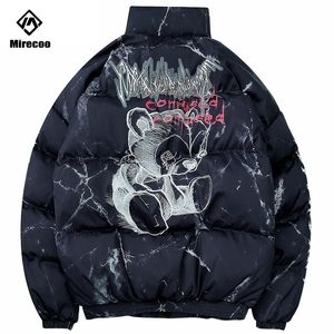 Hipster Down Jacket Cartoon Bear Print Parka Harajuku Streetwear Wind Breaker Winter Coat Men Deskleding 201116