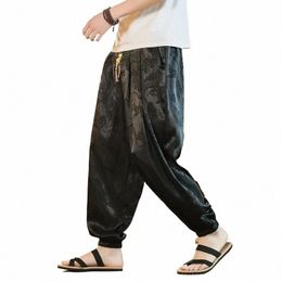 Pantalon hipster en Satin de soie glacée pour hommes, motif de traînée, pantalon ample chinois, pantalon en Satin lisse, Taiji, pantalon de plage confortable, 066b #