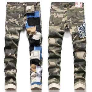 Hipster heren jeans elastische camouflage stiksel slanke jeans Europese en Amerikaanse creatieve straatbroeken kleding