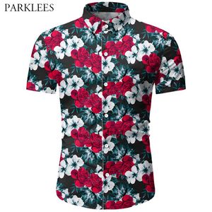 Hipster Tropical Floral Impreso Mens Summer Shirt Casual Slim Fit Hawaiian Men Camisas de manga corta Button Down Camisas para hombres 210524