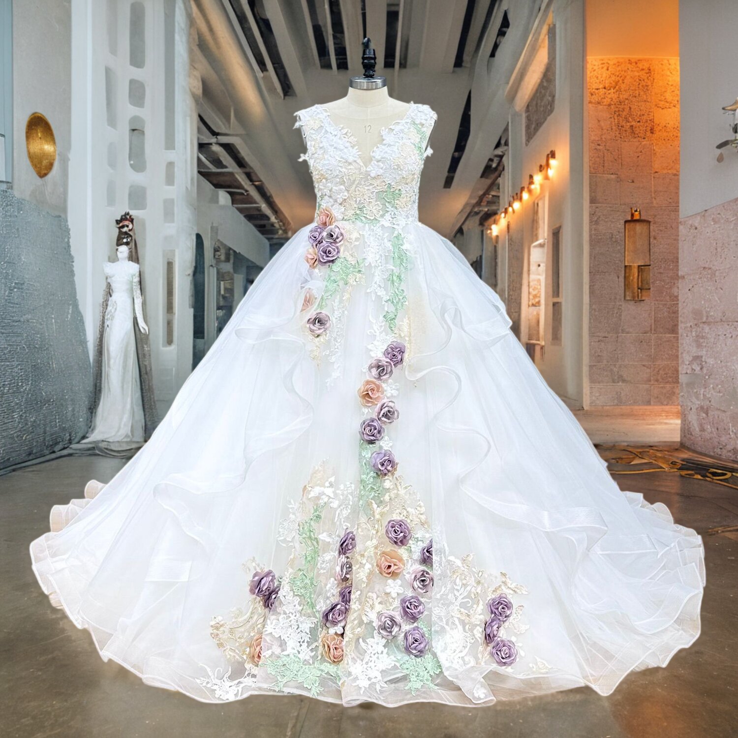 Hire Lnyer Colorful Appliques Man Hand Flowers Princess Ball Gown Wedding Dresses With Ruffles Skirt Real Office Photos Video