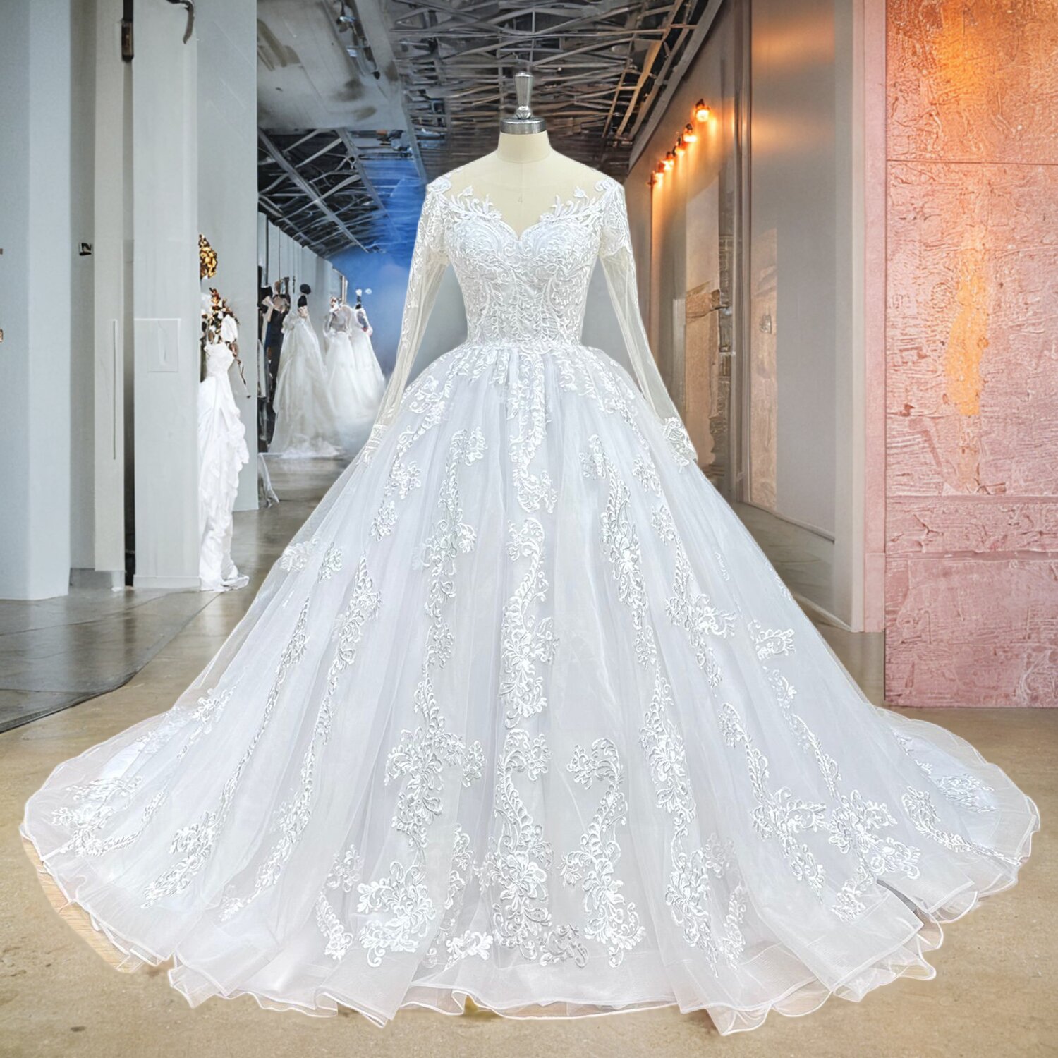 Hire Lnyer Scalloped Neck Buttons Up Back Long Sleeve Sequins Appliques Princess Ball Gown Wedding Dresses Real Office Photos Video