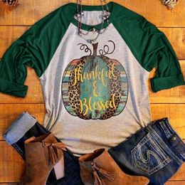 Hirigin 2017 Halloween Femmes merci Pumpkin imprimé T-shirt Casual T-shirt Épissage Col O-Cou Basic Top Tee Long T-shirt T-shirt à manches raglan