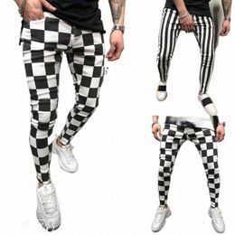 Hirigin 2019 Nouveaux hommes d'été Fi Slim confortable rayé Plaid noir blanc décontracté crayon pantalon hommes vêtements 99yf #